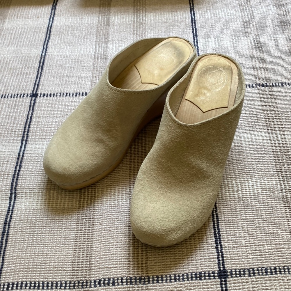 No. 6 new school wedge clogs size 36 in chalk suede.